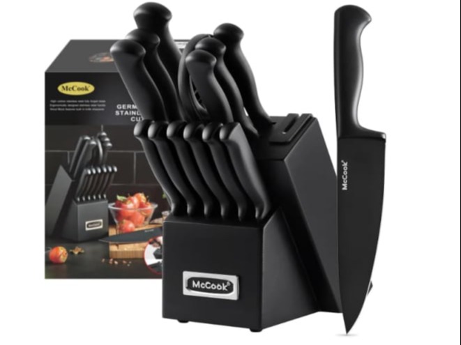 McCook MC21B Dishwasher Safe Black Kitchen Knife Set with Built-in Sharpener